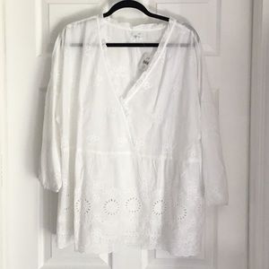 J. Jill White V Neck  Brodeire Anglaise Eyelet Blouse XLP NWT